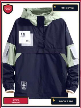 Men's Color Block Hooded Jacket Half-Zip Pullover Waterproof